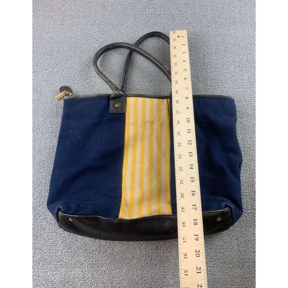 Tory Burch Tote Bag Women Navy Canvas Leather Trim Center Stripe Logo Patch - Picture 4 of 12